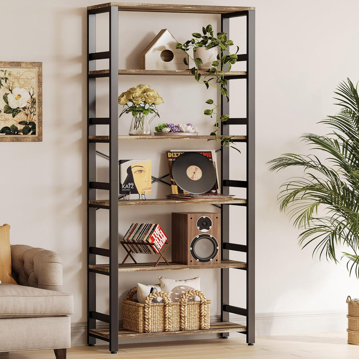 IRONCK Bookshelf, 31.5in Wide Shelf 6 Tier Bookcase, 110lbs/shelf Vintage Industrial Style