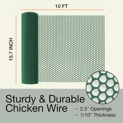 MaPorch Plastic Wire Mesh Fence - Hunter Green, 15.71" x 10 ft - Plastic Chicken Wire Fencing for
