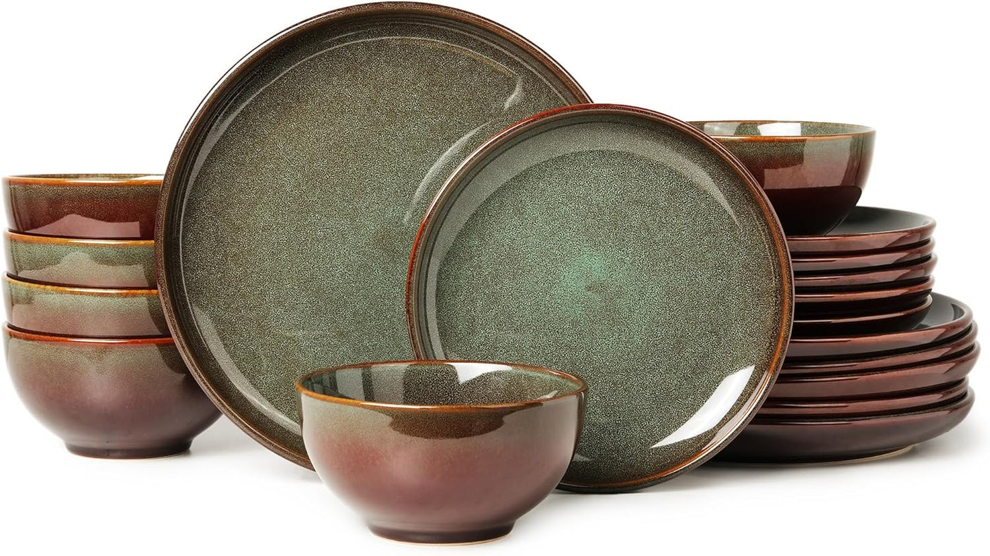 Stoneware Dinnerware Sets for 6, 18 Pieces Ceramic Plates and Bowls Sets, Chip and Scratch