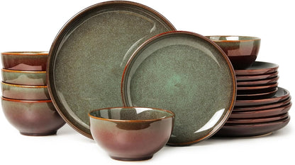 Stoneware Dinnerware Sets for 6, 18 Pieces Ceramic Plates and Bowls Sets, Chip and Scratch
