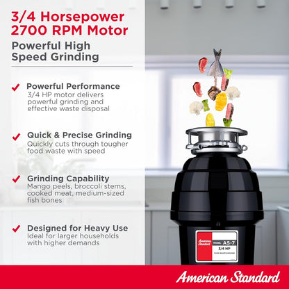 American Standard 10-US-AS-7 Garbage Disposal Anti-Jam Stainless Steel Food Waste Grinding System
