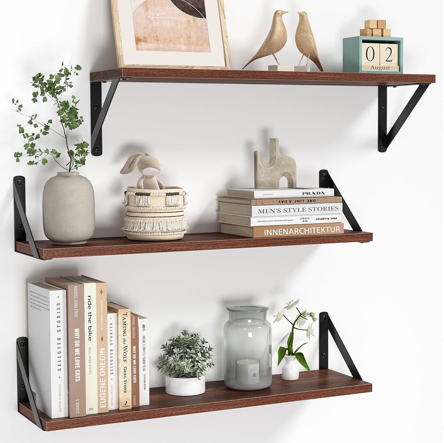 Heimlove Floating Shelves for Wall, 24 Inch Long Wood Floating Shelves Set of 3, Wall Mounted