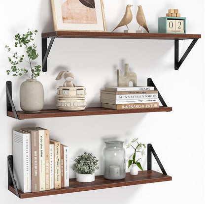 Heimlove Floating Shelves for Wall, 24 Inch Long Wood Floating Shelves Set of 3, Wall Mounted