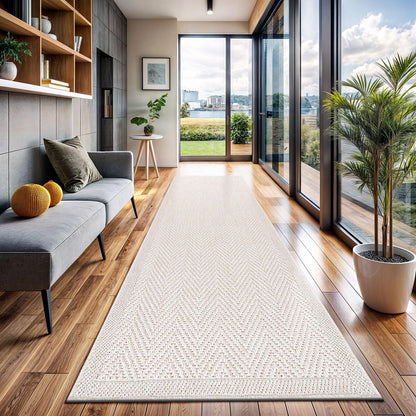CAMILSON Indoor and Outdoor Runner Rug Off-White Herringbone Seagrass Boho Design Easy-Cleaning Non