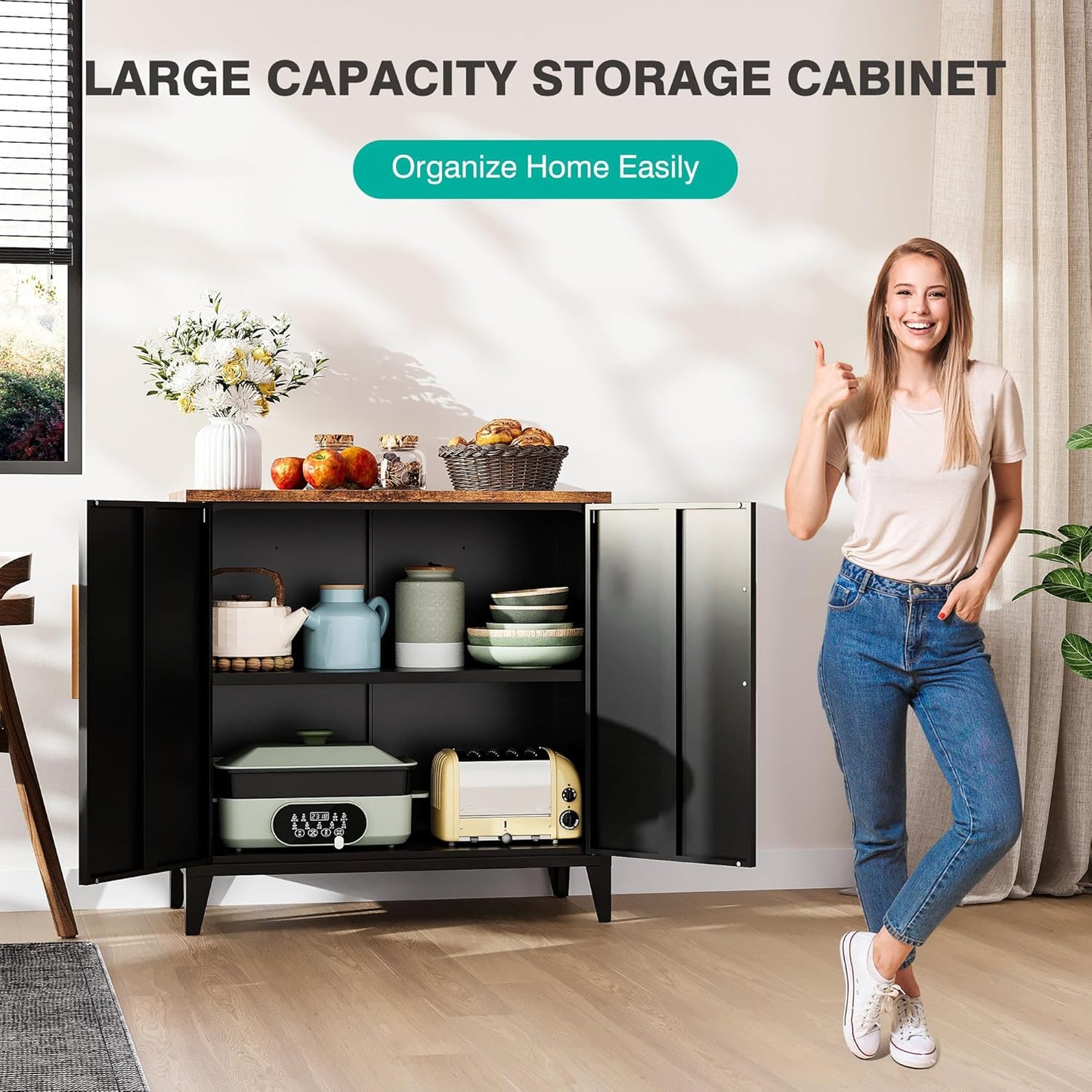 SISESOL Black Storage Cabinet with Doors and Shelves,30 inch Pantry Cabinet Sideboard with