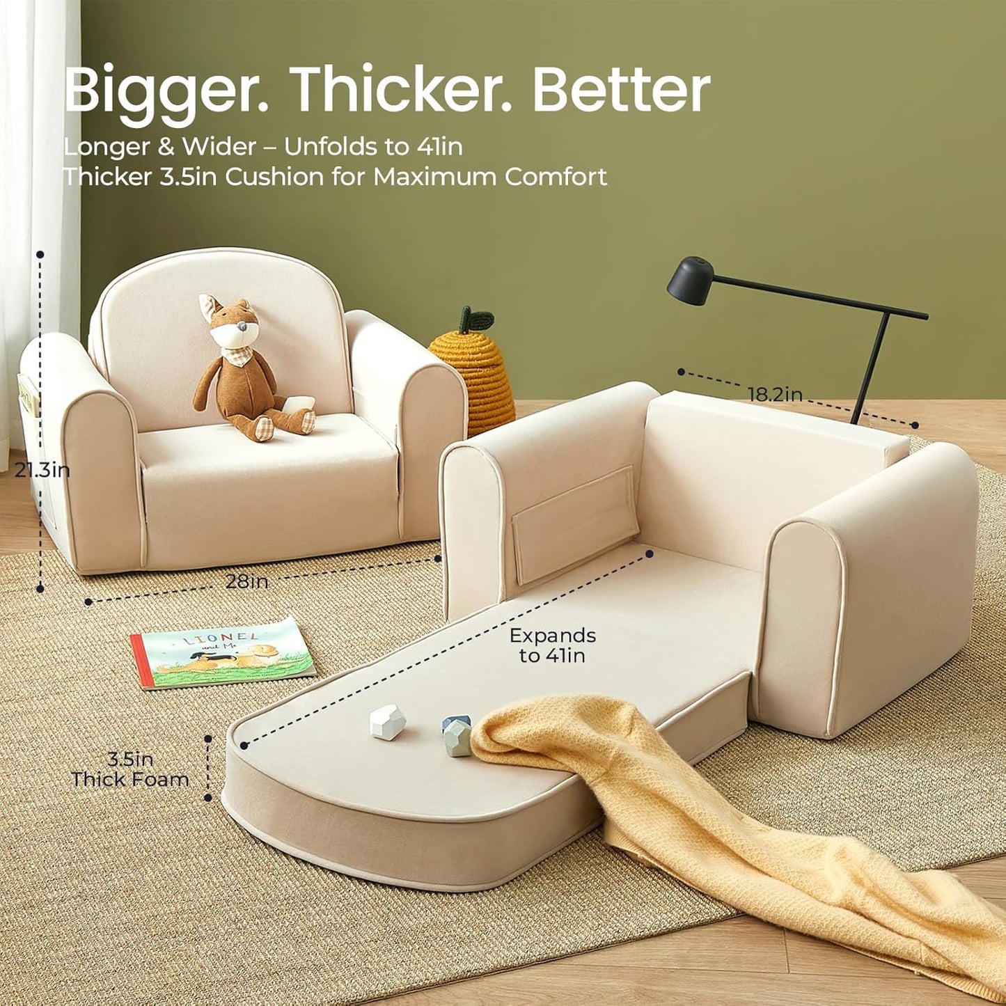 Tiny Land 2-in-1 Foldable Kids Couch with Pockets – Soft Thick Toddler Sofa, Lounger Couch
