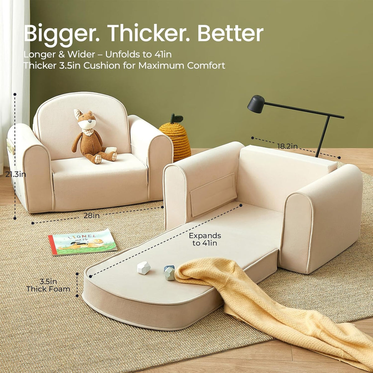 Tiny Land 2-in-1 Foldable Kids Couch with Pockets – Soft Thick Toddler Sofa, Lounger Couch