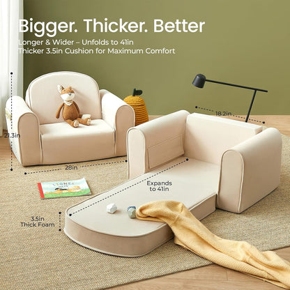 Tiny Land 2-in-1 Foldable Kids Couch with Pockets – Soft Thick Toddler Sofa, Lounger Couch