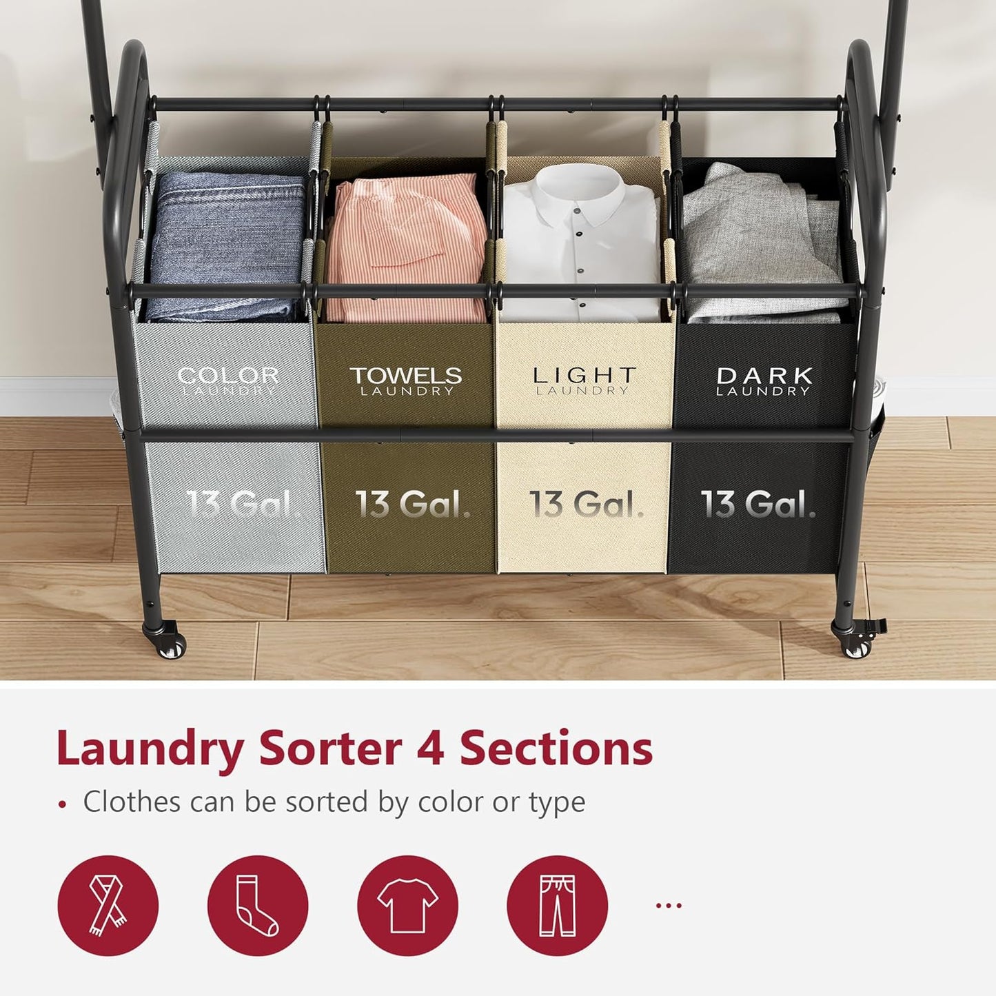Tajsoon Laundry Sorter Cart with Hanging Clothes Rack, 4 Butler Sorter Basket Organizer, Laundry