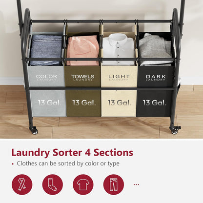 Tajsoon Laundry Sorter Cart with Hanging Clothes Rack, 4 Butler Sorter Basket Organizer, Laundry