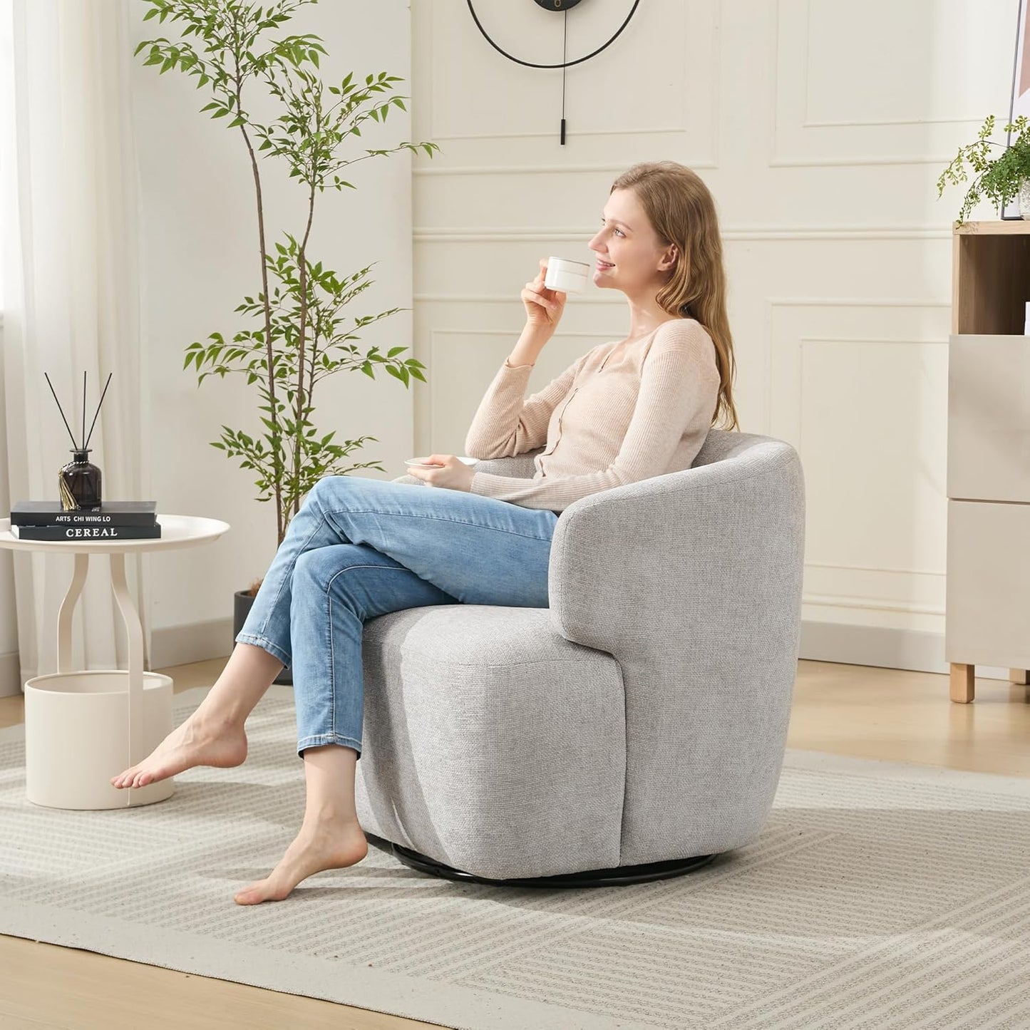 Swivel Accent Chair, Chenille Barrel Chair for Living Room, Cozy Round Boucle Arm Chair, Metal Base