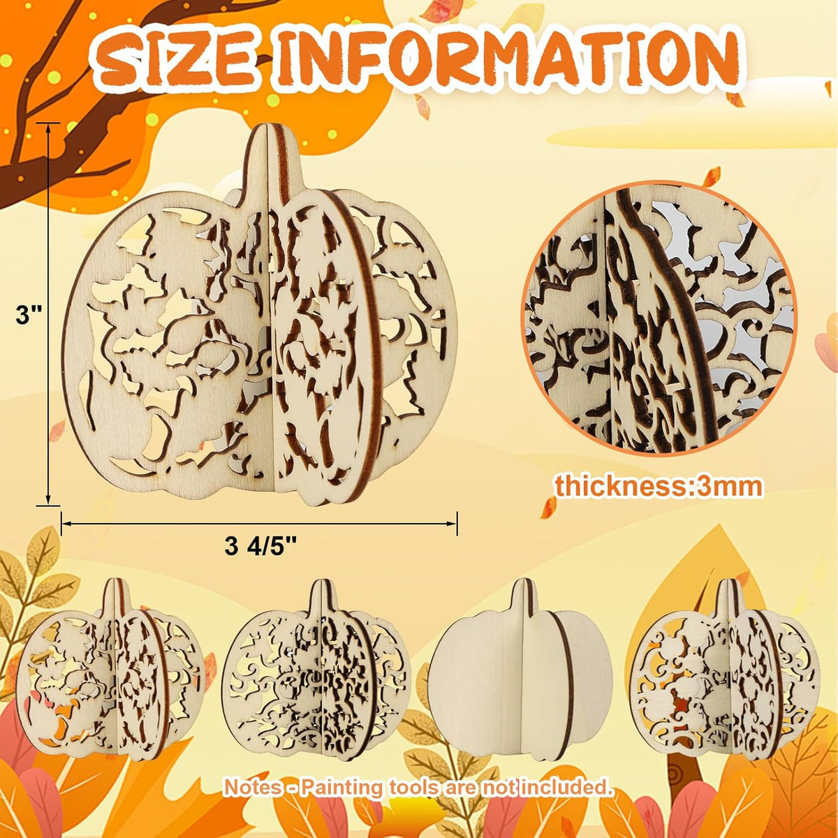 COCHIE DIY 3D Fall Pumpkin Wood Crafts to Paint for Kids Adults, Paintable Unfinished Wooden Slices