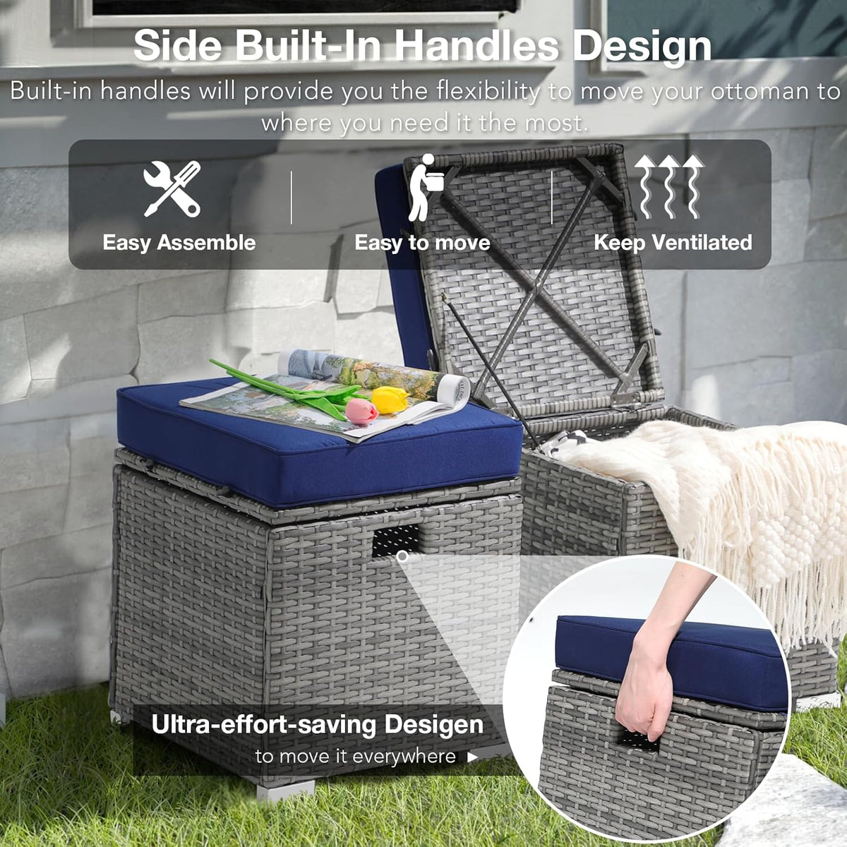 Patiorama 2 Piece Outdoor Patio Ottomans,All-Weather Grey PE Rattan Wicker Ottoman with