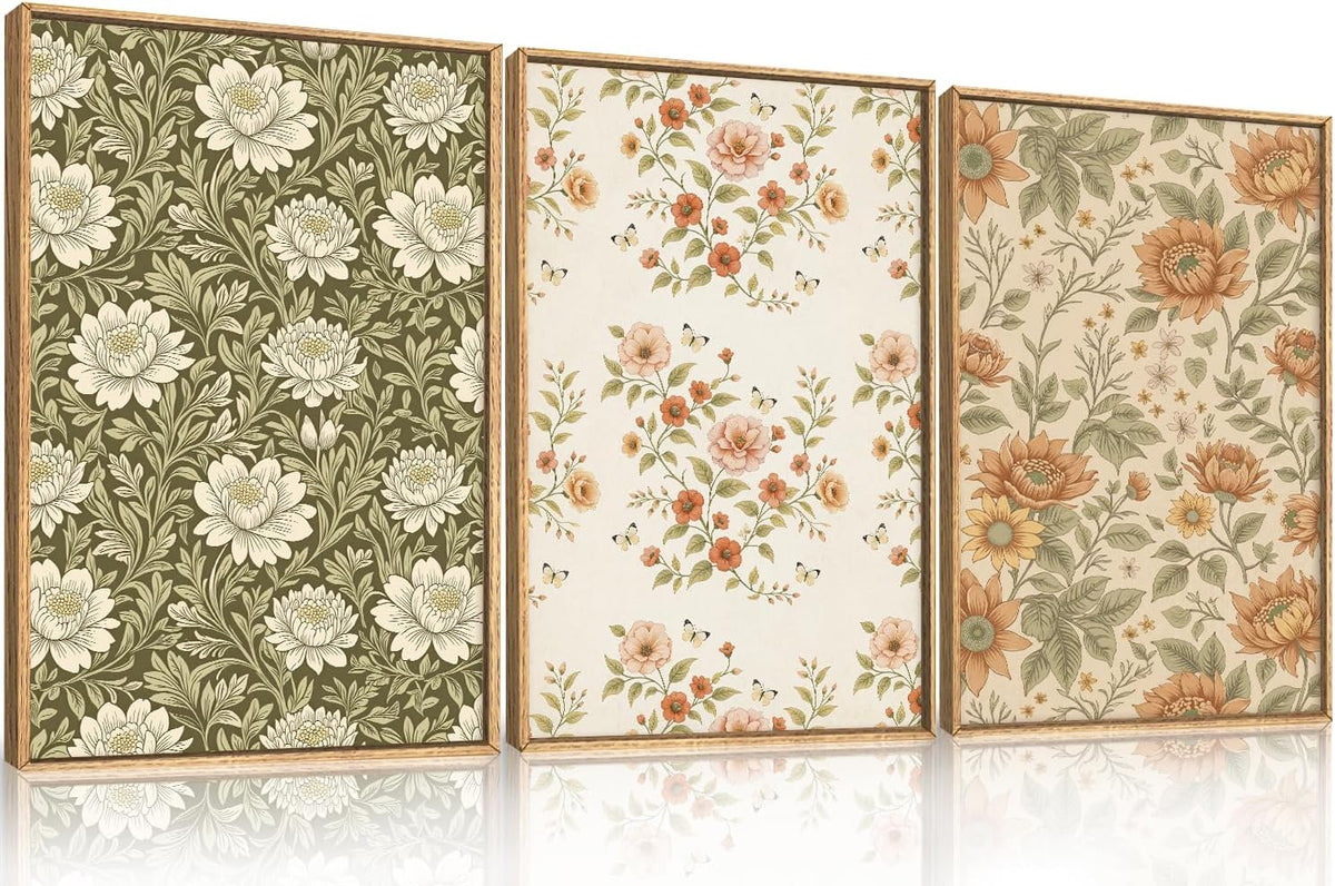 Celestdeco Vintage Pastoral Floral Framed Canvas Wall Art Set, Boho Colorful Flower Wall Decor
