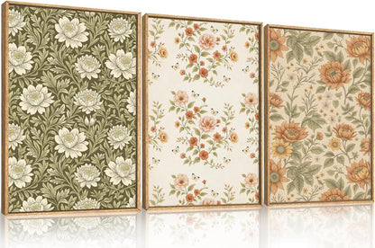 Celestdeco Vintage Pastoral Floral Framed Canvas Wall Art Set, Boho Colorful Flower Wall Decor