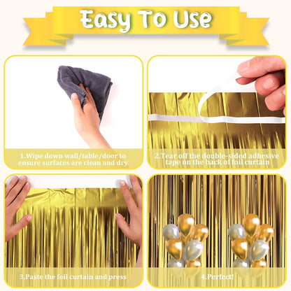 3 Pack 3.3 x 8.2 ft Matte Gold Foil Fringe Backdrop Curtains, Tinsel Streamers Party Decorations