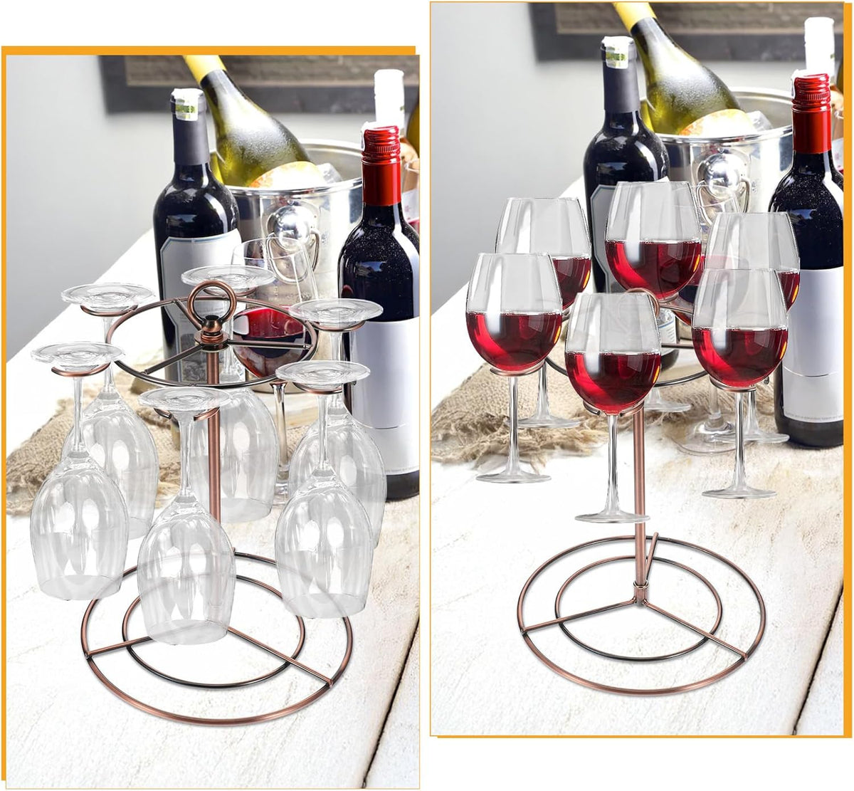 Black Metal Countertop Wine Glass Holder with Scrollwork Design, Freestanding Tabletop Stemware