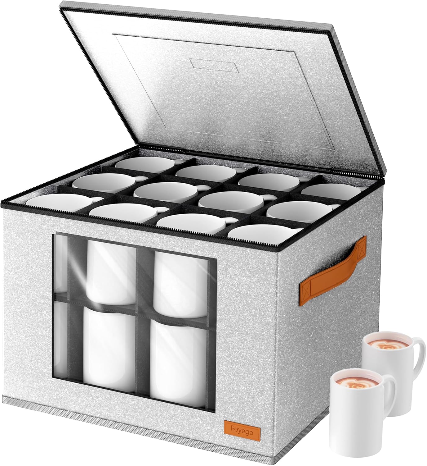 2-Layer Coffee Mug Storage Box with Dividers, Cup Storage Organizer with Zipper Lid and Handles