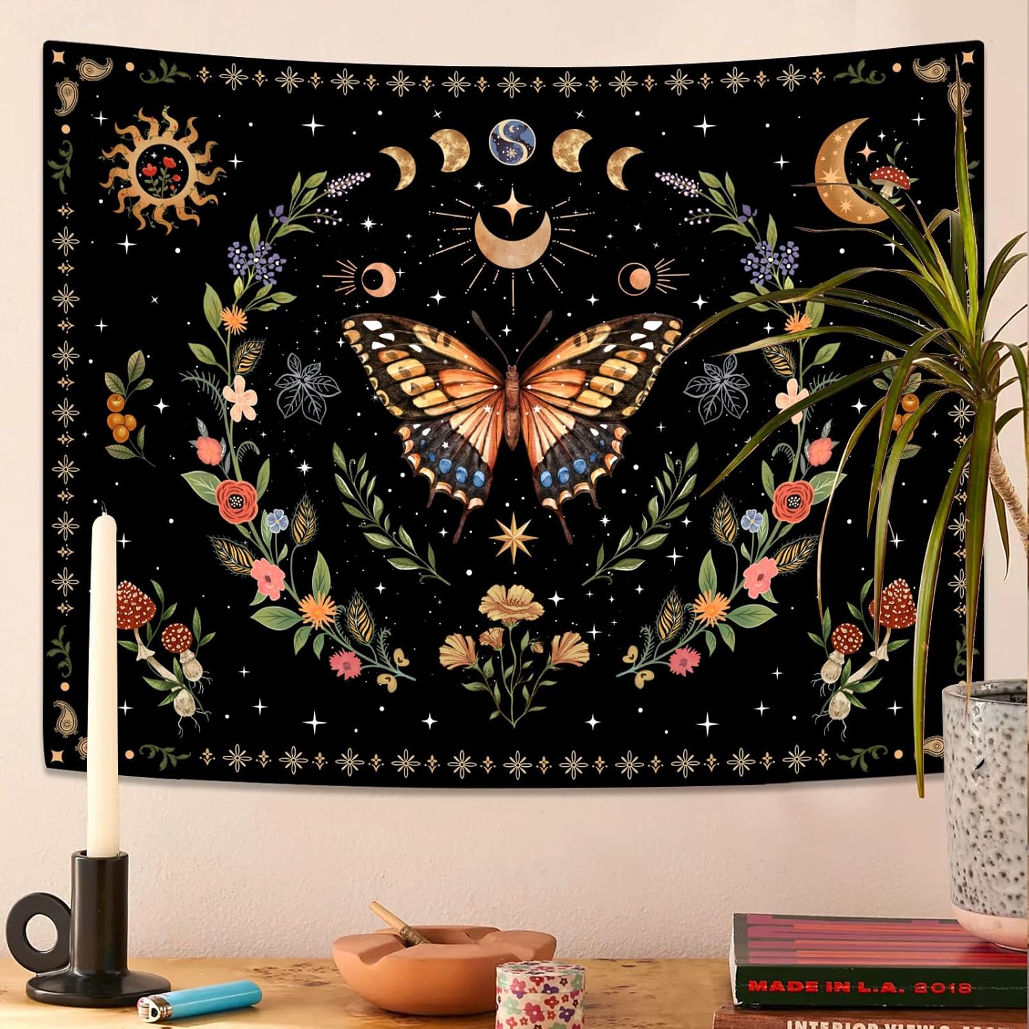 Lunerfex Boho Butterfly Tapestry Flower Moon Wall Tapestry, Moon Phases Tapestries for Bedroom Cute