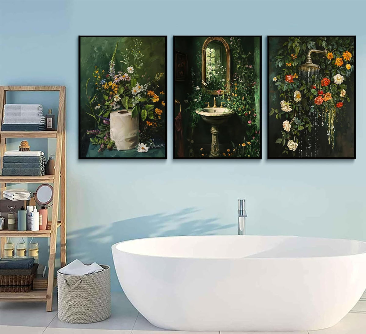 3Pcs Vintage Dark Green Bathroom Wall Art Shower Toilet Paper Roll Floral Poster Print Modern