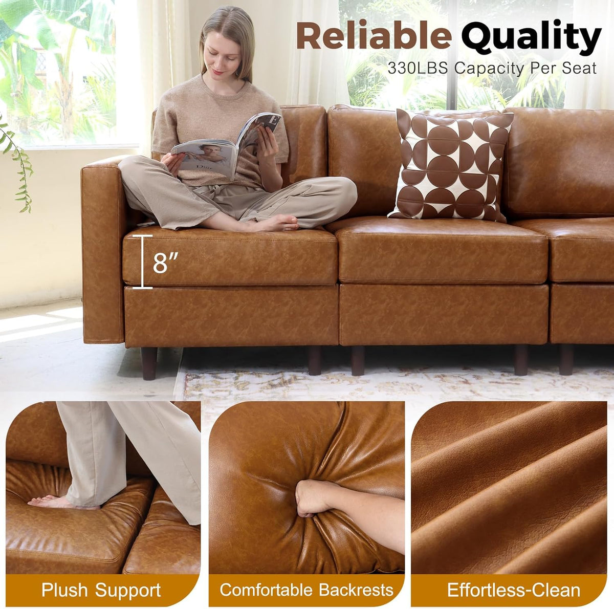 118.5" Faux Leather Modular Sectional Sofa, Modern Large 8 Seater U Shaped Couch with Storage Seat