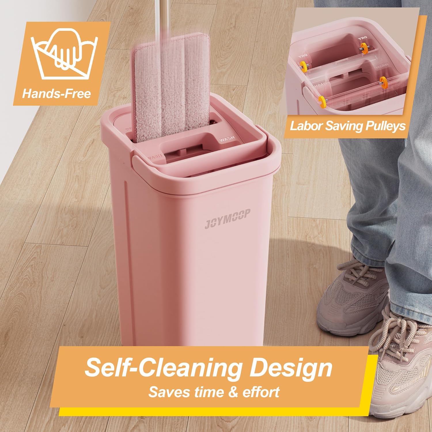 JOYMOOP Pink Mop and Bucket with Wringer Set for Home, with 3 Reusable Microfiber Mop Pads