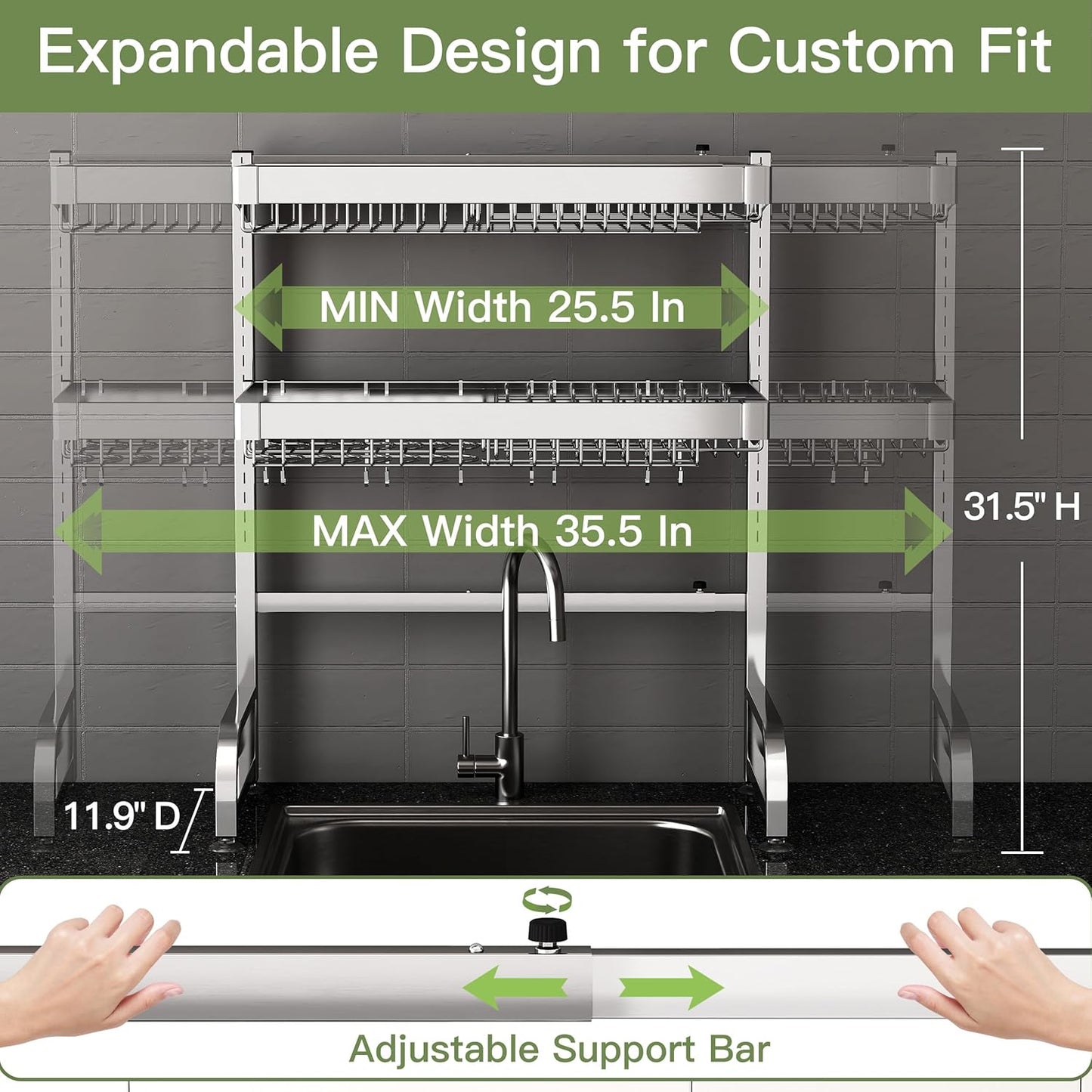 3 Tier Extra Large Stainless Steel Expandable Over The Sink Dish Drainer Drying Rack, Rust Proof