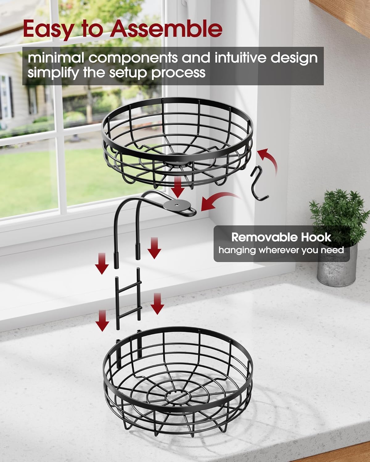 Fruit Basket for Kitchen Counter - 2-Tier Large Capacity Fruit Bowl with Detachable Banana Hanger