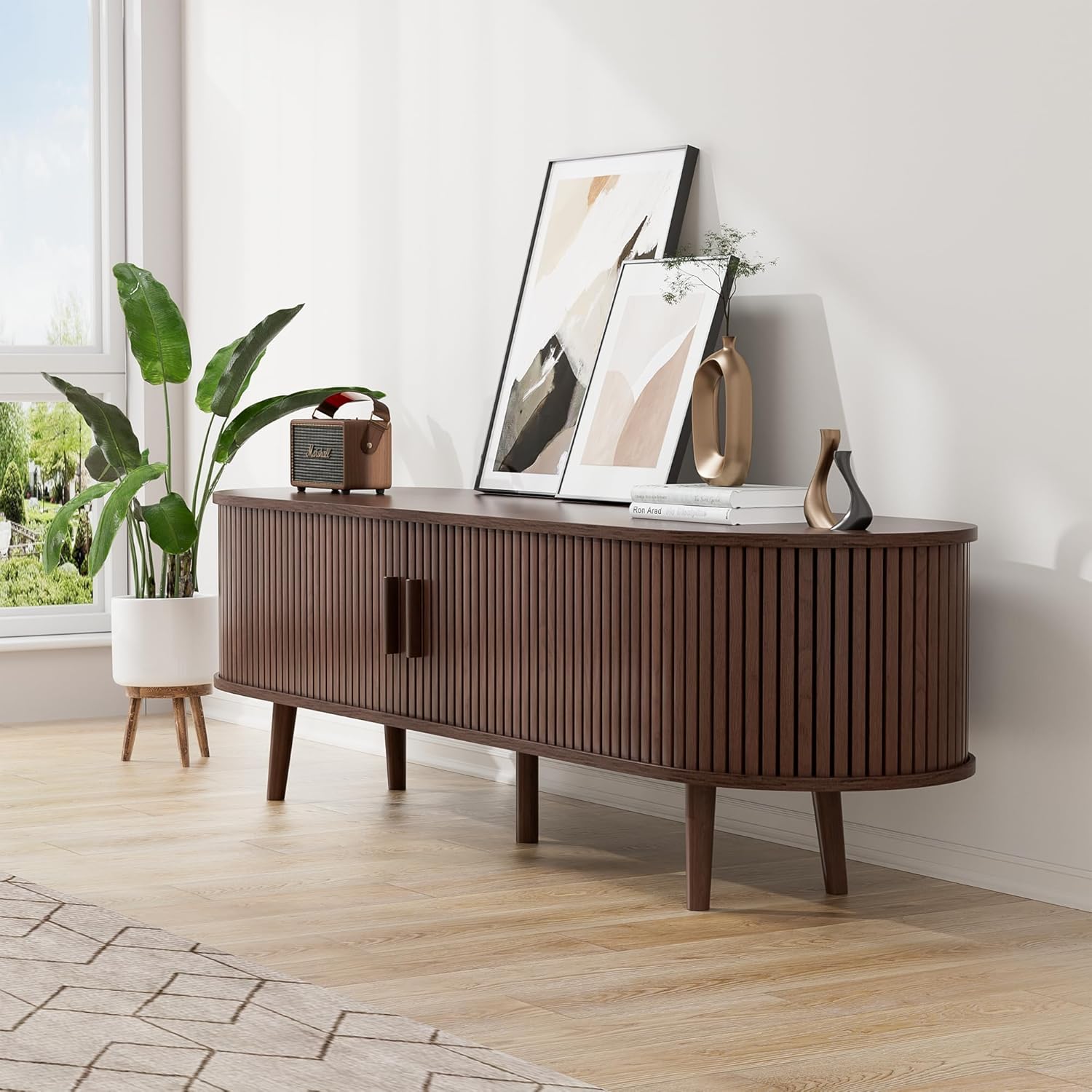 55" Mid Century TV Stand, Fluted TV Stand Fits 32" to 60" TVs. Wood Entertainment Center for Living