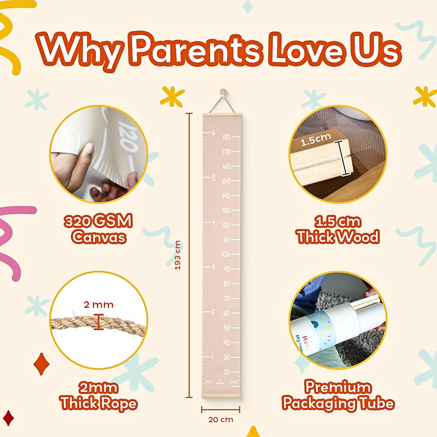 Height Chart for Kids Customizable Kids Height Wall Chart with Stickers, Marker & Hook Hanging