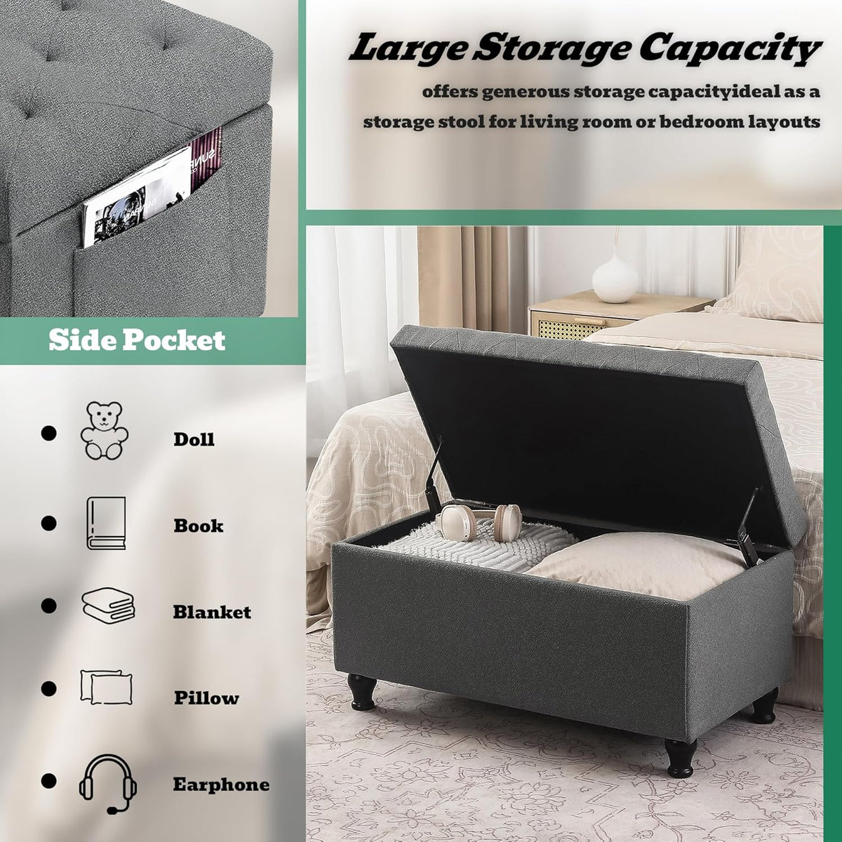 Ottoman with Storage 32'' Ottoman Storage Bench Fabric Ottomans Footstools Upholstered Foot Rest