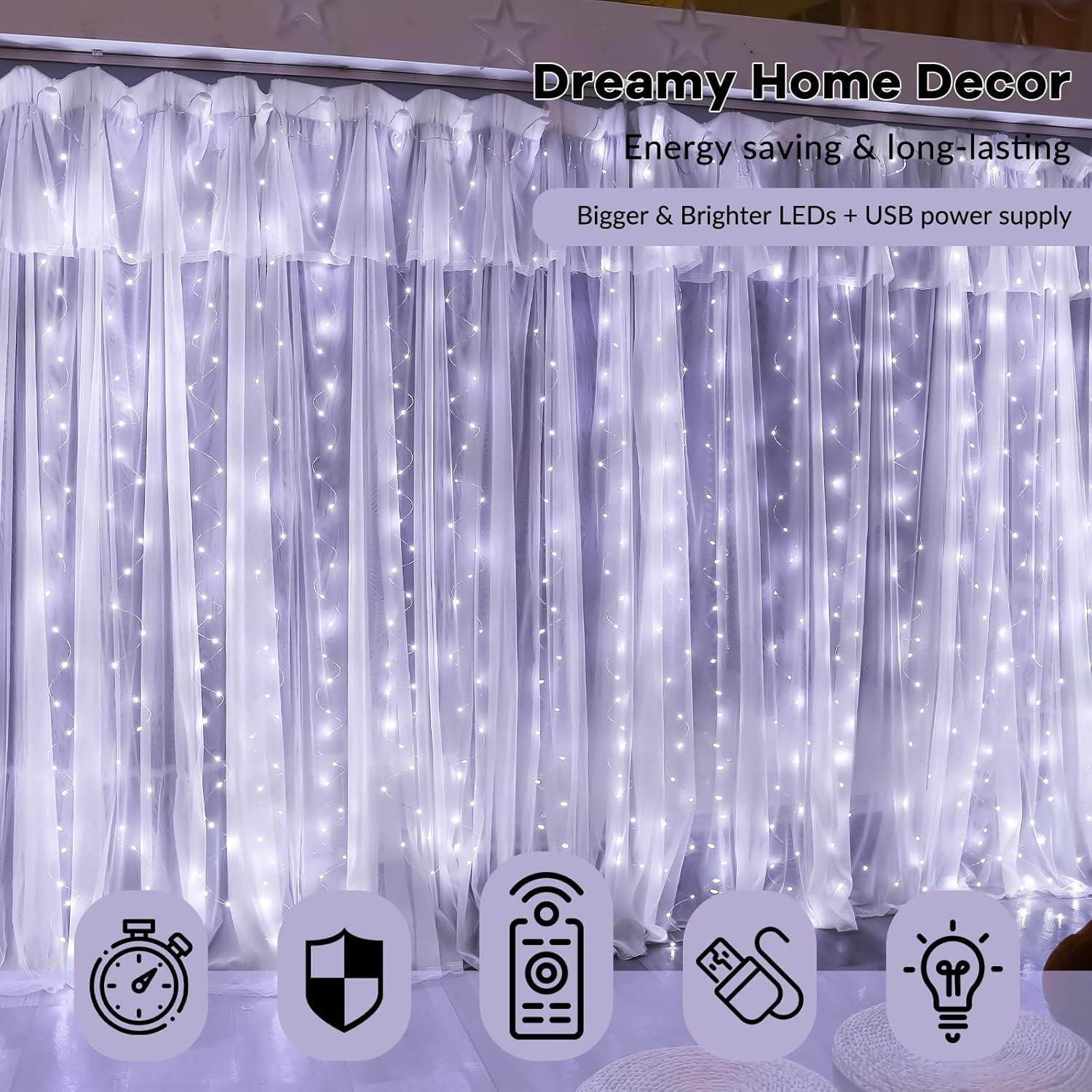 HXWEIYE 300LED Fairy Curtain Light (Upgrade Two Kinds of Light Clips) with Remote 8 Modes