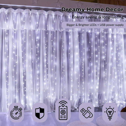 HXWEIYE 300LED Fairy Curtain Light (Upgrade Two Kinds of Light Clips) with Remote 8 Modes