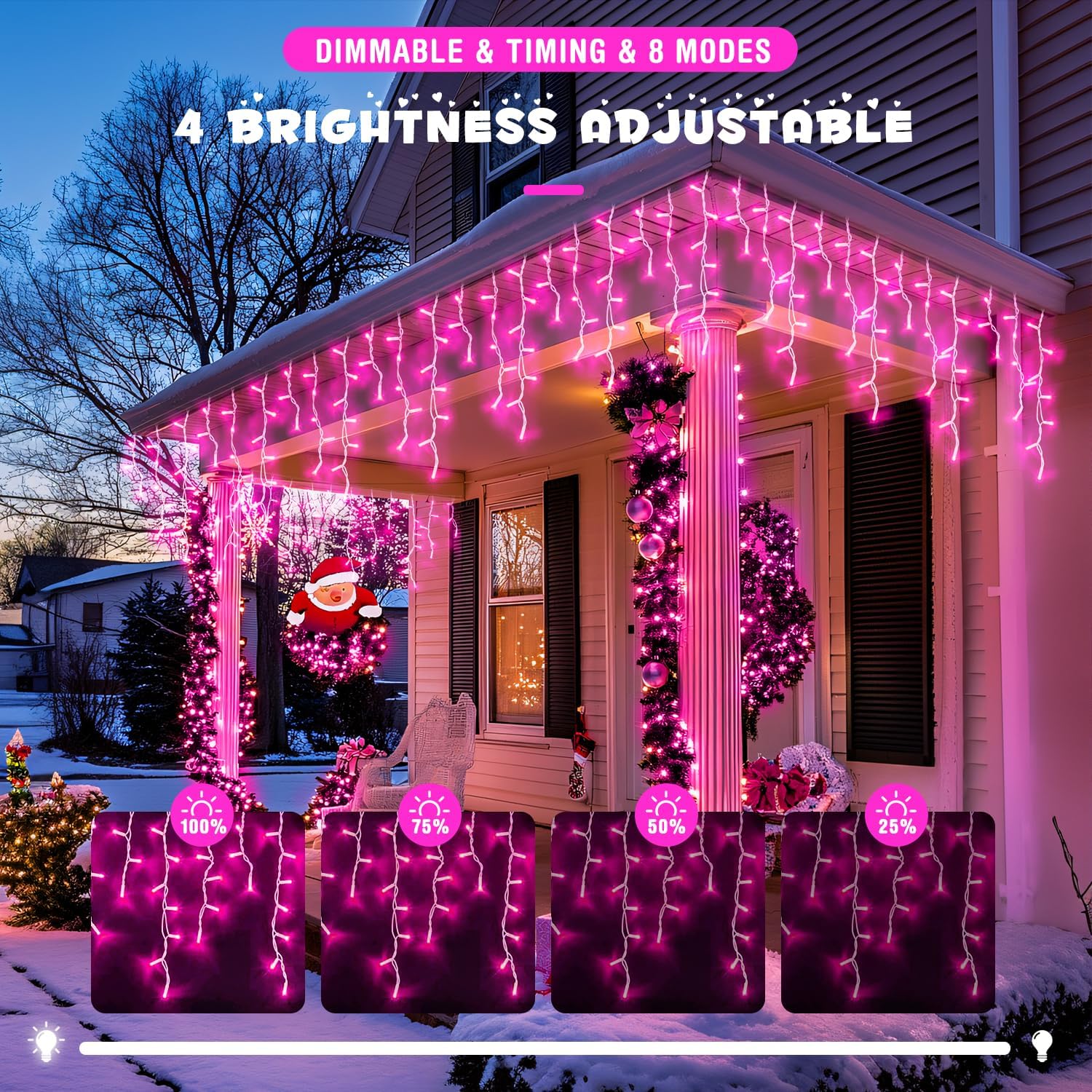 JMEXSUSS 400 LED Pink Christmas Icicle Lights, Connectable Pink Christmas Lights Indoor Outdoor