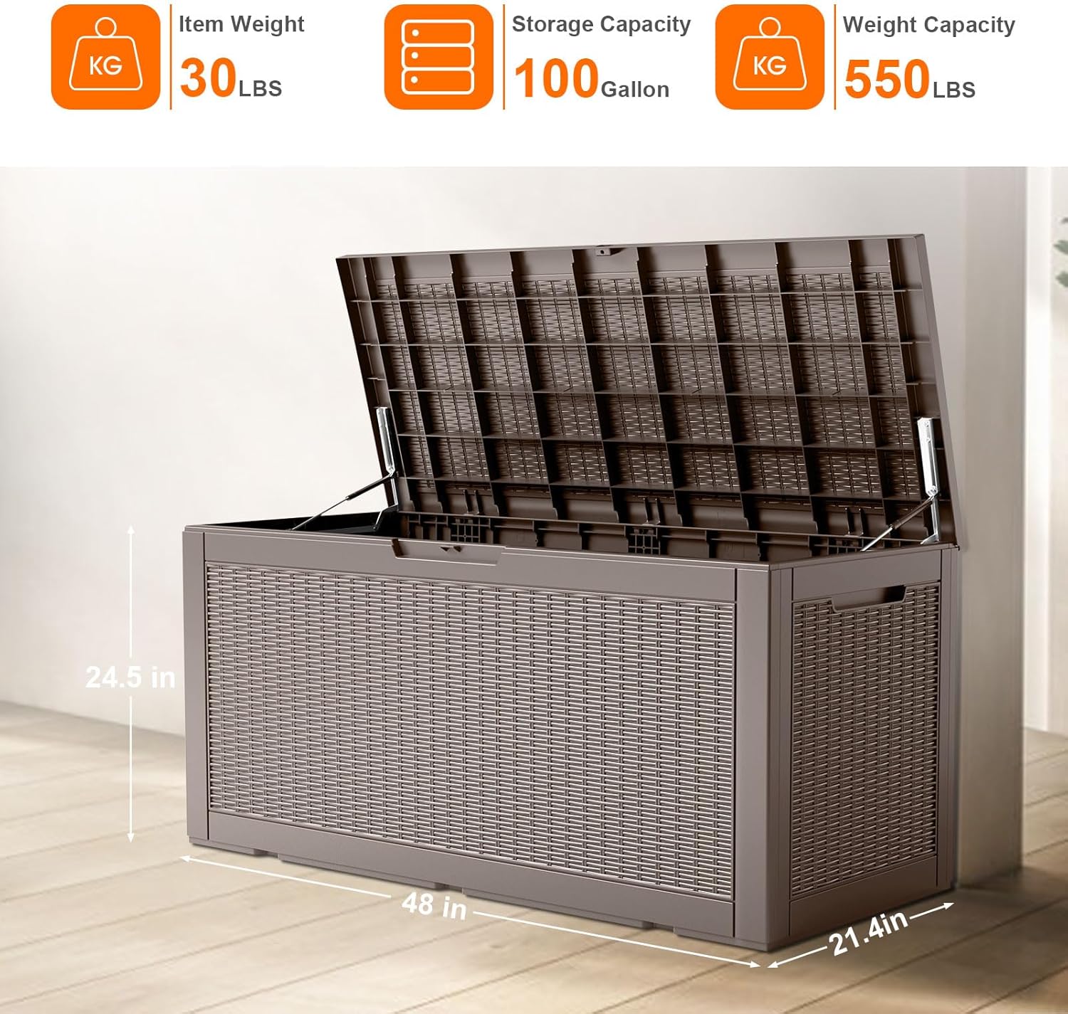 100 Gallon Resin Deck Box, Lockable Patio Outdoor Storage Box for Furniture, Garden Tools and Tools