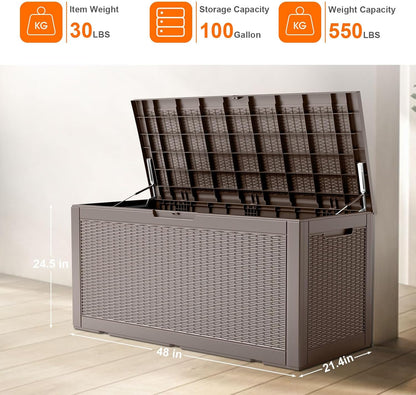 100 Gallon Resin Deck Box, Lockable Patio Outdoor Storage Box for Furniture, Garden Tools and Tools