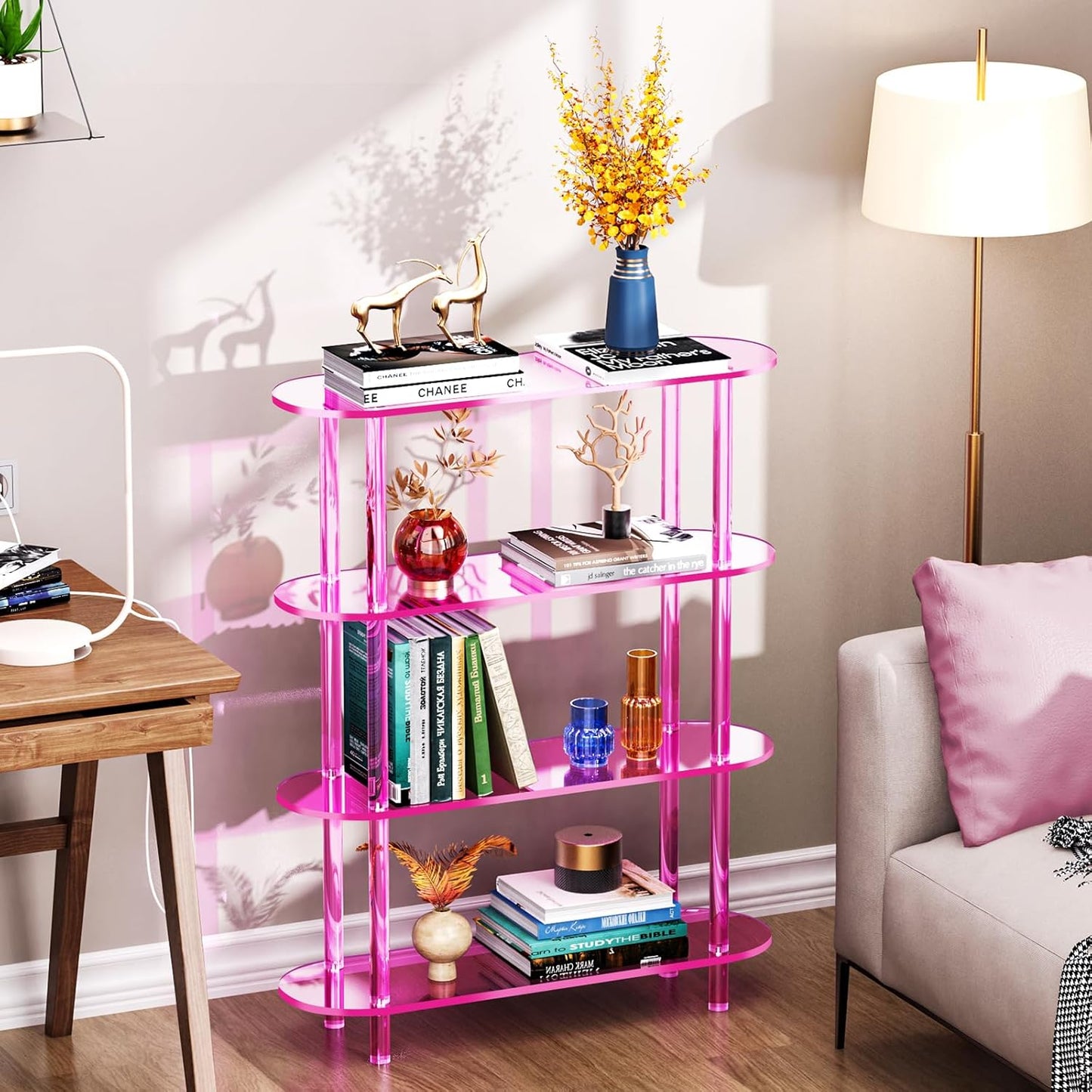 Clear Bookshelf, Acrylic Bookcase with Open Book Shelf Console Table for Entryway Office (4 Tier