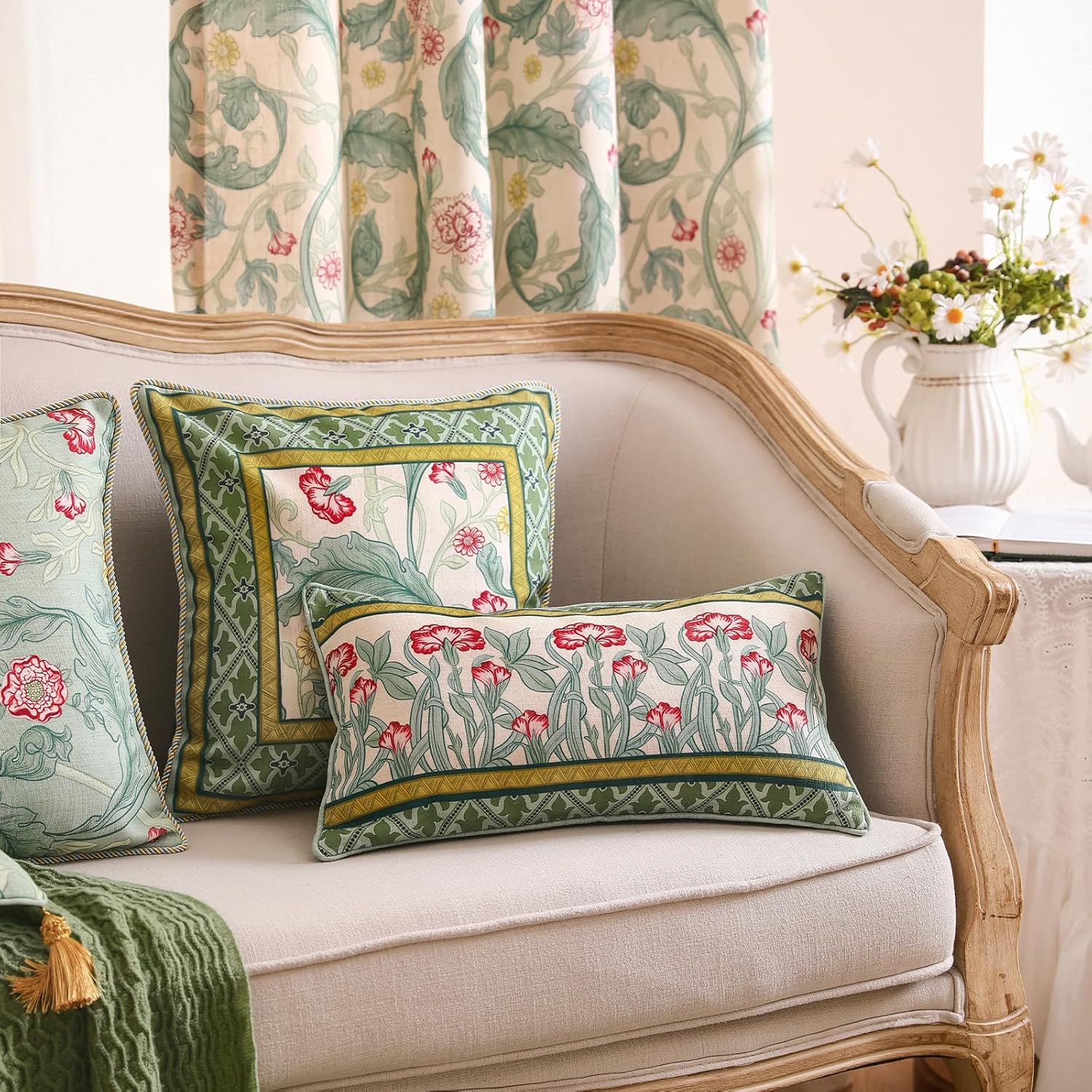 patdrea Designer Pack of 4 Throw Pillow Covers,French Vintage Rustic Linen with Green Floral