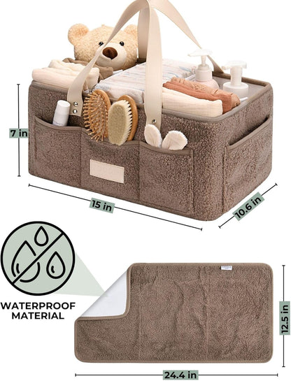 Baby Diaper Caddy Organizer with Portable Changing Mat - Teddy Fleece Diaper Organizer for Changing