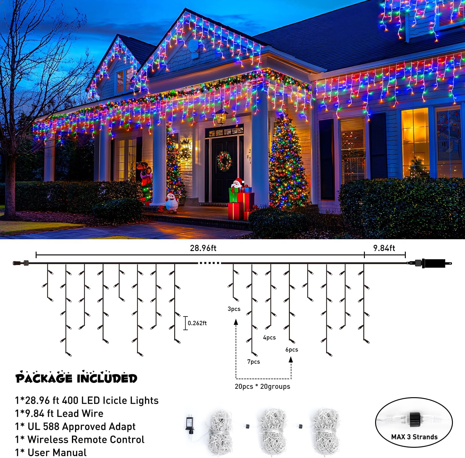 JMEXSUSS 400 LED 38.8Ft Icicle Christmas Lights With Remote - Outdoor Multicolor String Lights Plug