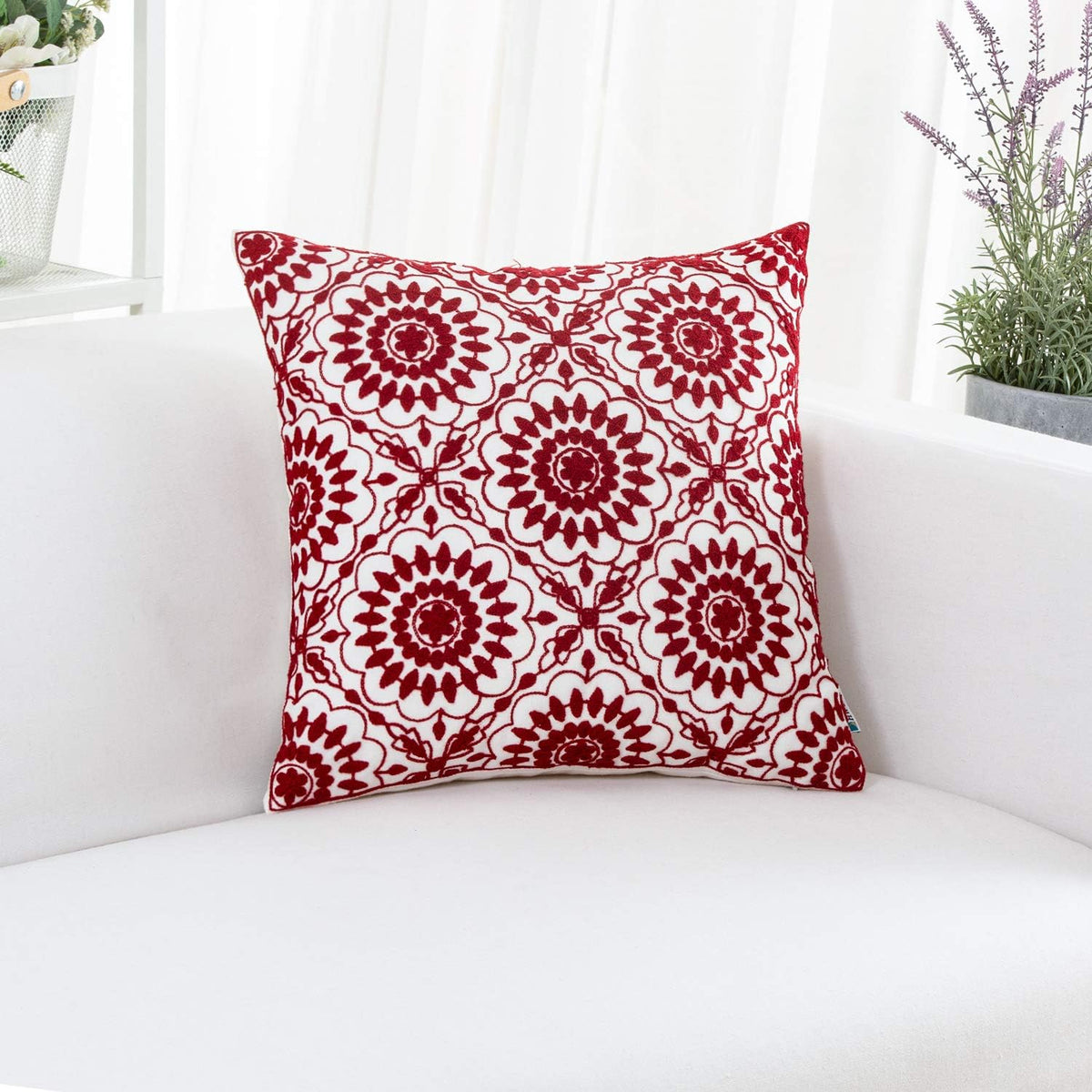 HWY 50 Red Decorative Throw Pillow Covers 18x18 Inch (1 Piece), Embroidered Cotton Farmhouse