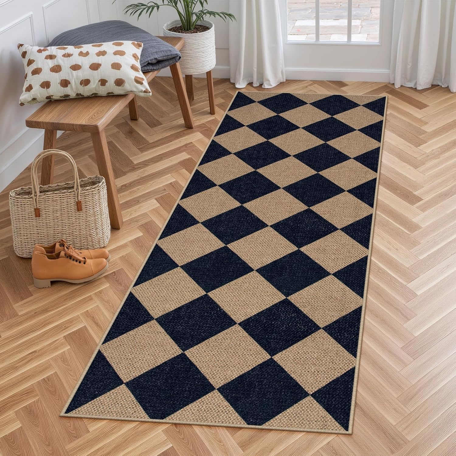 Lahome Checkered Easy Jute Runner Rug, 2x6 Kitchen Mats for Floor Washable Entryway Runner