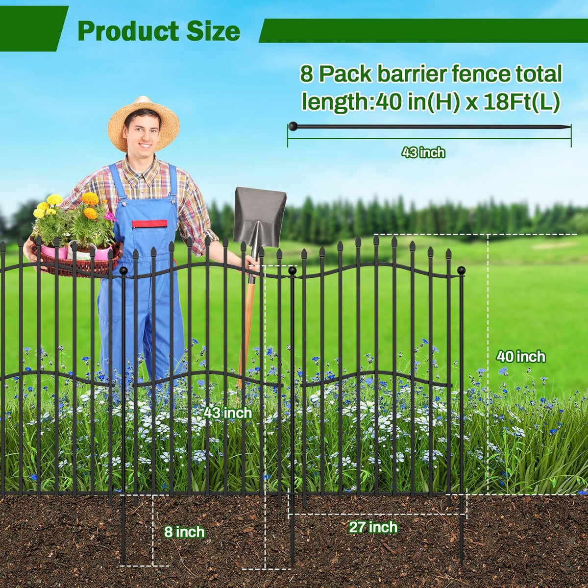 8 Panels No Dig Decorative Garden Fence with Gate - 40in H x 18ft L, Tall Heavy-Duty Square Tube