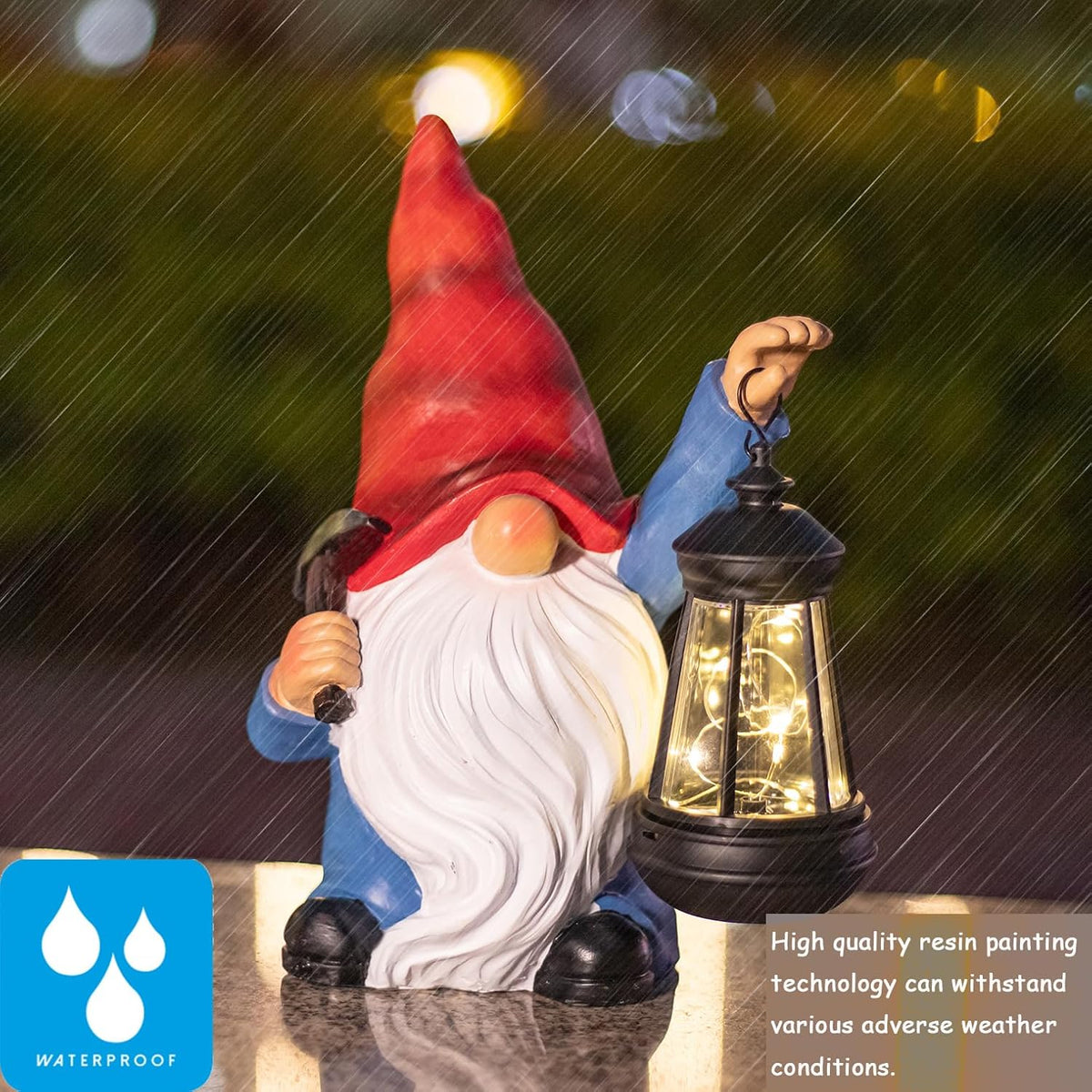 Garden Gnome Statue Solar Light Outdoor Decorations Figurine with Lantern Led Shovel Sculpture Lawn