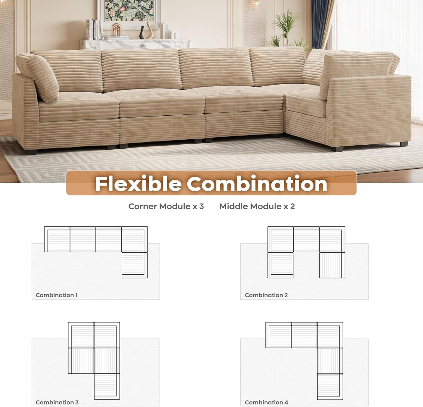 ovios Sectional Sofa Couch with L-Shape Chaise Convertible, Comfy Modular Cloud Couches with Deep