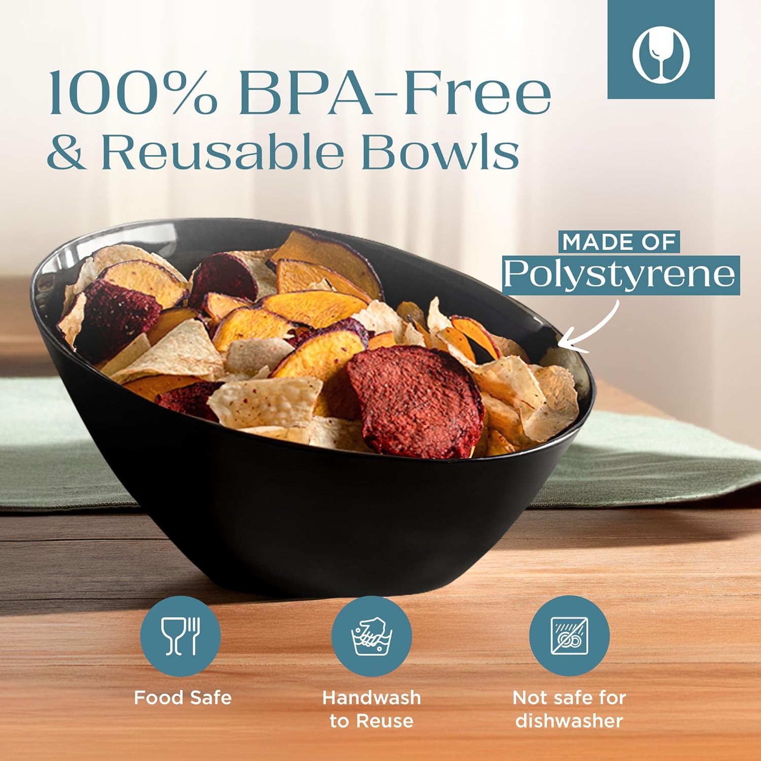 Posh Setting - Black Plastic Serving Bowls for Party - Angled, Disposable, Chip & Candy Bowls - 20