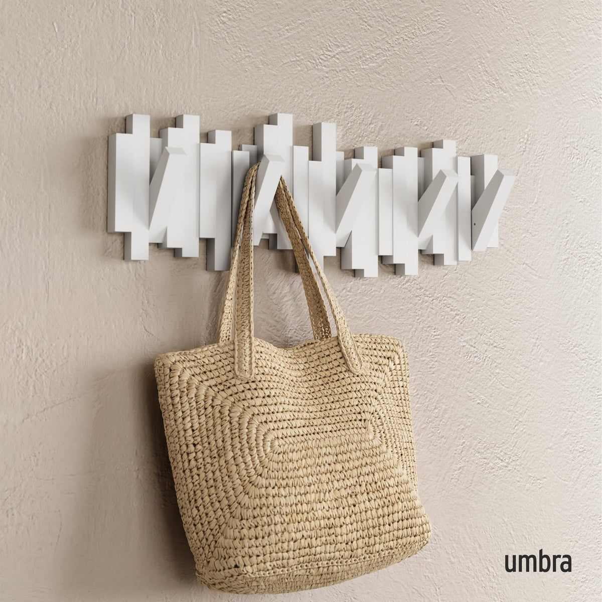 Umbra Sticks Wall Mount Coat Rack, 5 Hook Retractable Pegs, White
