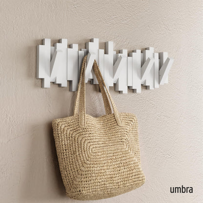 Umbra Sticks Wall Mount Coat Rack, 5 Hook Retractable Pegs, White