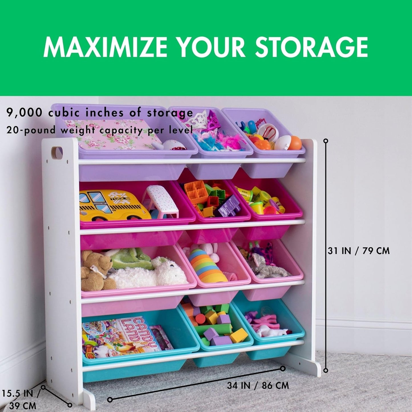 Humble Crew Kids Toy Storage Organizer with 12 Plastic Bins, White/Pink/Purple/Turquoise