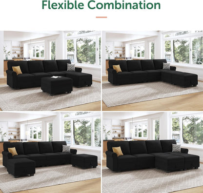 HONBAY Sectional Sofa with Storage Seat Velvet U Shaped Couch with Reversible Chaise Convertible
